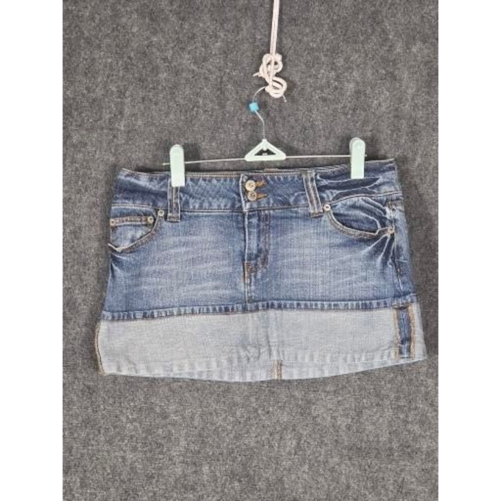 Refuge Premium Womens Denim Mini Skirt Blue‎ Low Rise Cuffed Hem Sz 10 Cute Chic